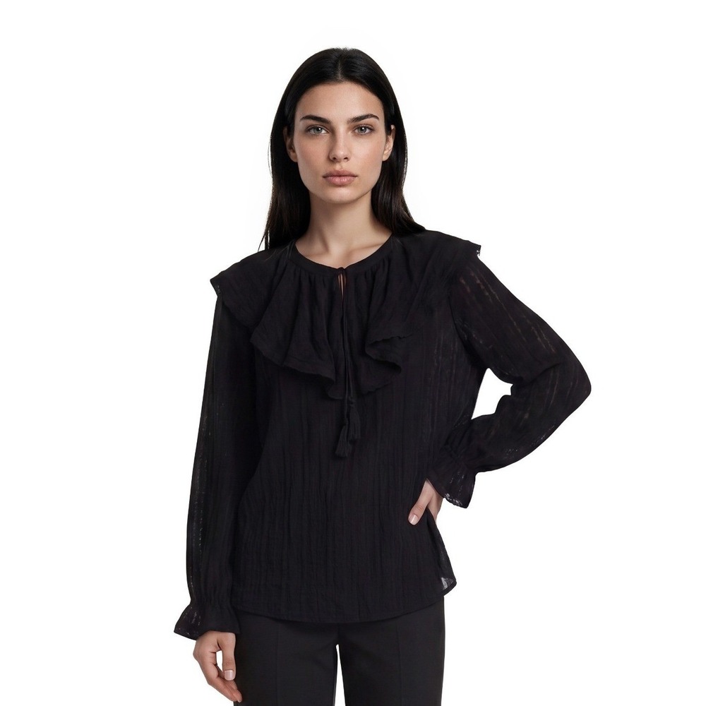 Cupio Blouse Women's Size Large Black Textured Ruffle Neck‎ Tie Front Top